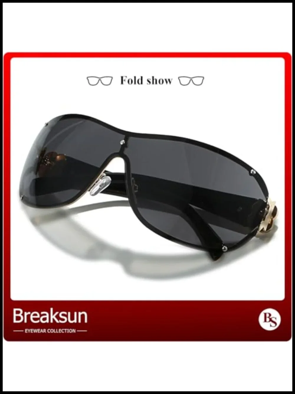 Oversized Y2K Rimless Shield Sunglasses with Rhinestone Camellia Temples UV400